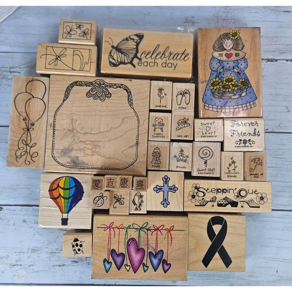Lot 30 Vintage Wooden Rubber Stamps 90s 00s Stampin' Up! Hero Arts Stampendous